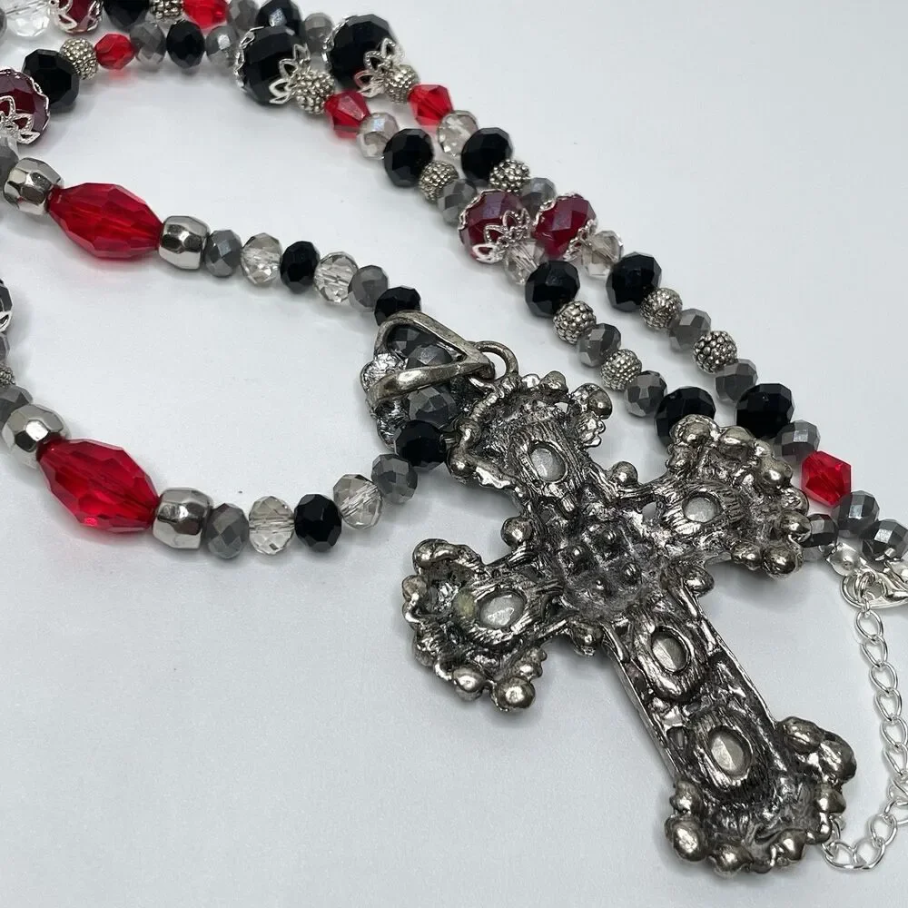 Artisan Gothic Cross Pendant Red Black White Glass Beaded Necklace Statement